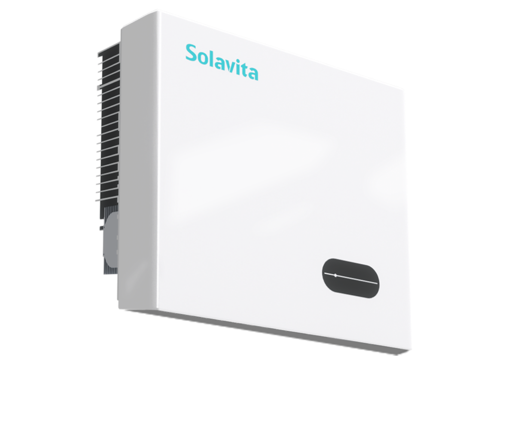 Solavita on-grid inverter with a sleek white design and side cooling fins, ideal for high-capacity applications as a 30-33kW three phase inverter in solar energy systems