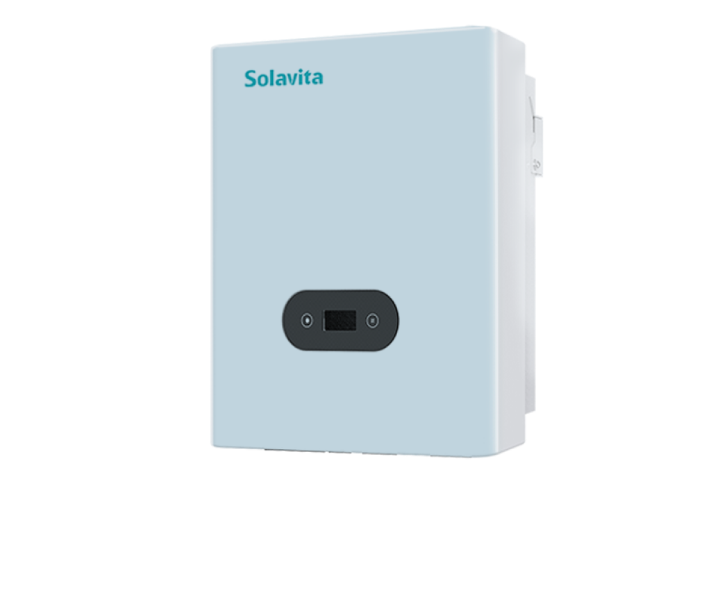 A white Solavita residential on-grid inverter (1-3kW) with multiple black connectors at the bottom and a small display panel on the front. The Solavita logo appears in blue in the upper left corner, highlighting its streamlined design and efficient functionality.