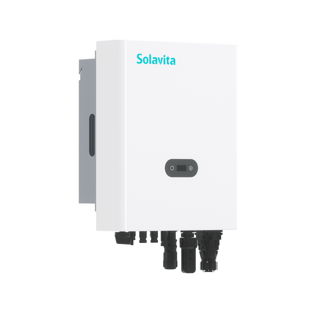 A white Solavita on-grid single phase 7-10kW inverter with multiple black connectors at the bottom and a small display panel on the front. The Solavita logo appears in blue in the upper left corner, highlighting its streamlined design and efficient functionality.