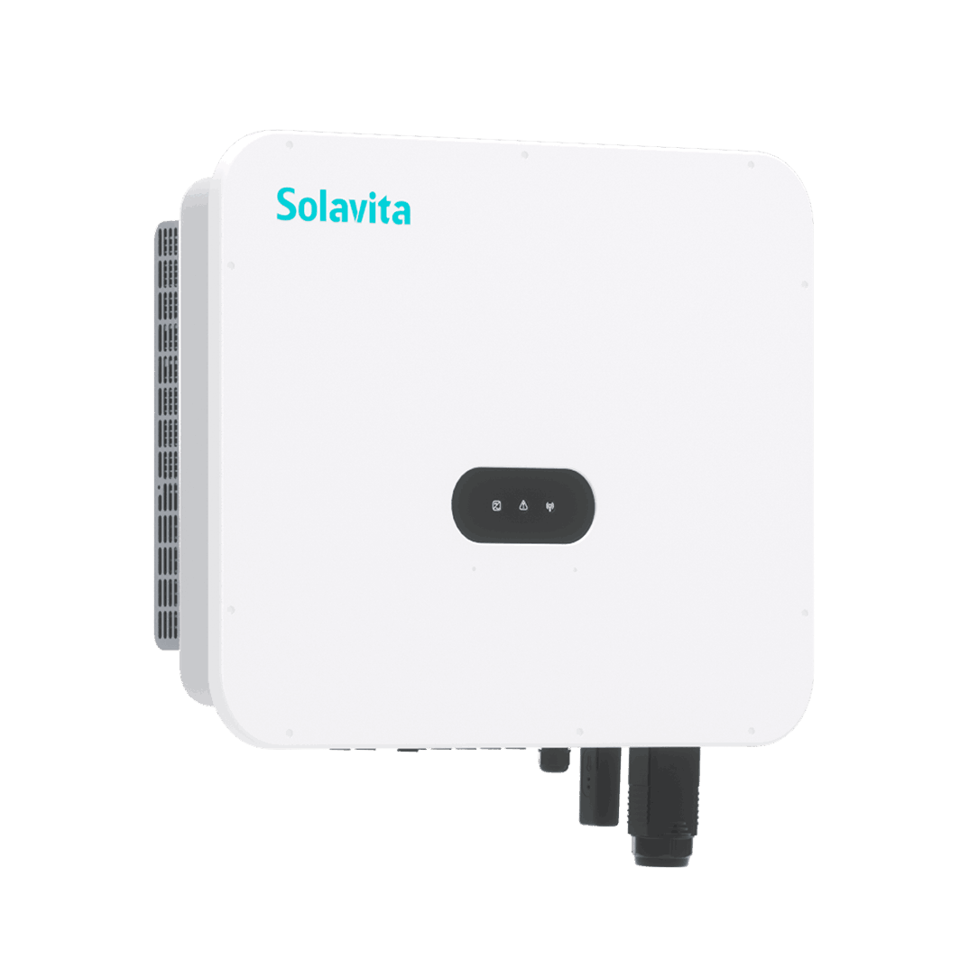 A white Solavita on-grid three phase 40-60kW inverter with multiple black connectors at the bottom and a small display panel on the front. The Solavita logo appears in blue in the upper left corner, highlighting its streamlined design and efficient functionality.