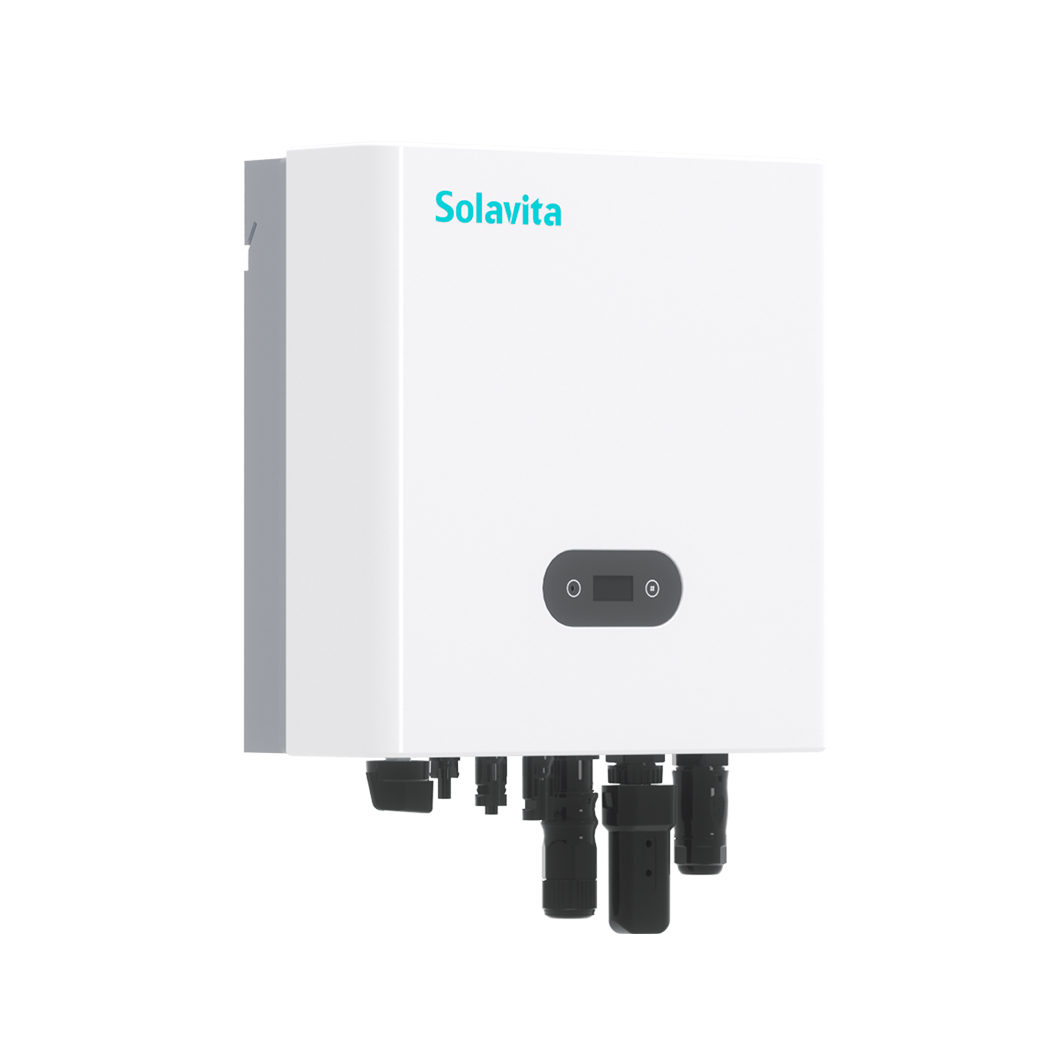 A white Solavita on-grid inverter (4-6kW) with multiple black connectors at the bottom and a small display panel on the front. The Solavita logo appears in blue in the upper left corner, highlighting its streamlined design and efficient functionality.