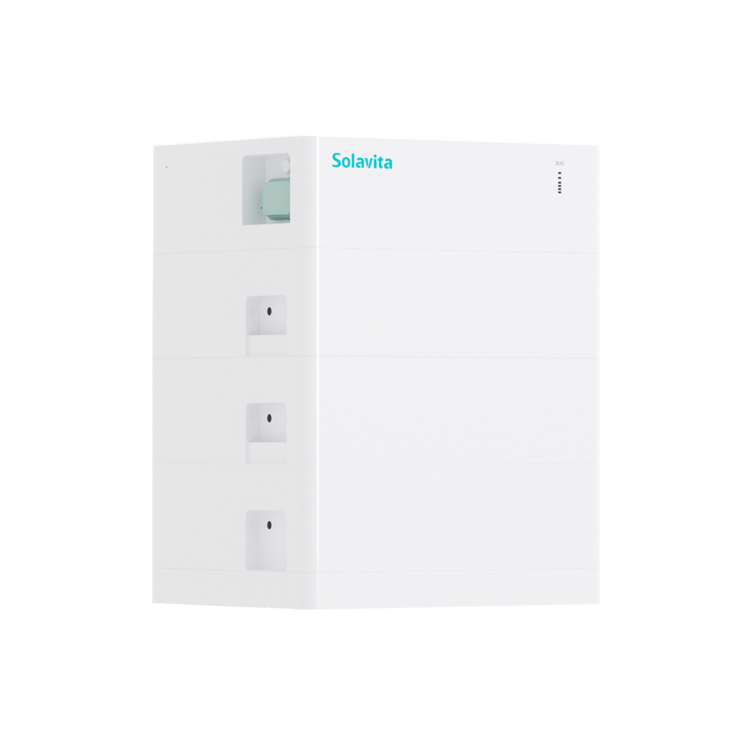 Solavita 5.12kWh high voltage battery pack designed for residential energy storage systems, featuring a sleek, modular design ideal for home energy storage applications. The pack includes an SOC (State of Charge) indicator on the top right, ensuring users can easily monitor energy levels