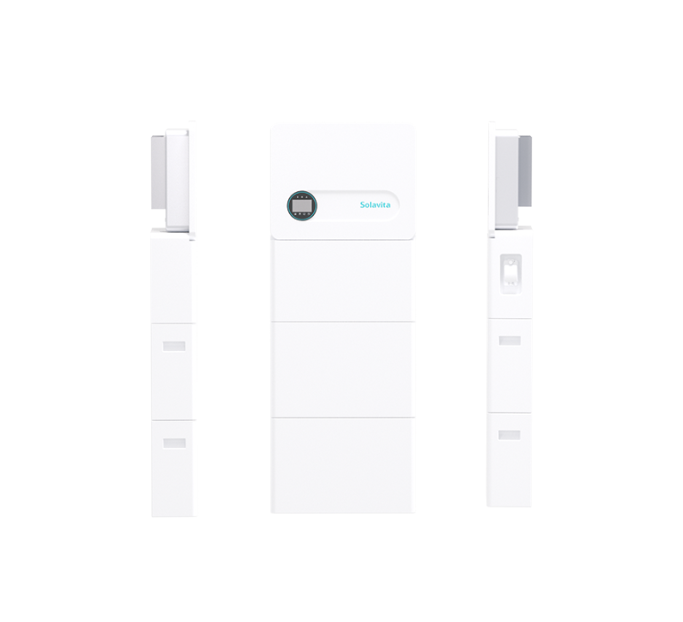 Solavita SWES3-6H-S1 All-in-One-Batteriesystem für den Wohnbereich in drei Ansichten: Frontansicht mit integriertem LCD-Display und Solavita-Branding sowie zwei Seitenansichten mit eleganten, abgerundeten Kanten und Lüftungsschlitzen. Dieses Energiespeichersystem verfügt über ein stapelbares, modulares Design mit glatten Oberflächen, ideal für die nahtlose Integration in Wohnumgebungen