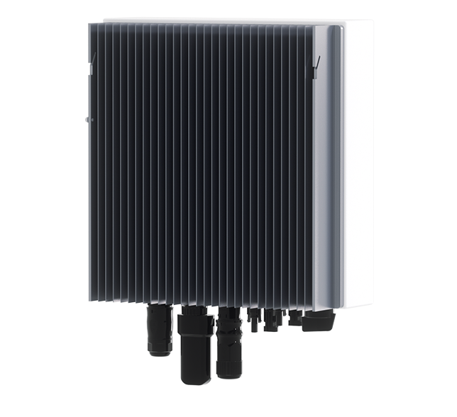 A close-up of a Solavita on-grid inverter (4-6kW) with a ribbed back surface and three cables connected at the bottom. The sleek design in white and gray tones highlights its robust functionality, providing a modern energy solution