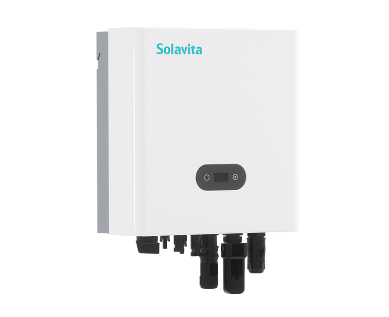 A compact white Solavita 1-3kw inverter with a sleek design, featuring a small black display on the front and several connectors at the bottom, compatible with Solavita Cloud Monitoring for real-time energy management and remote monitoring capabilities.