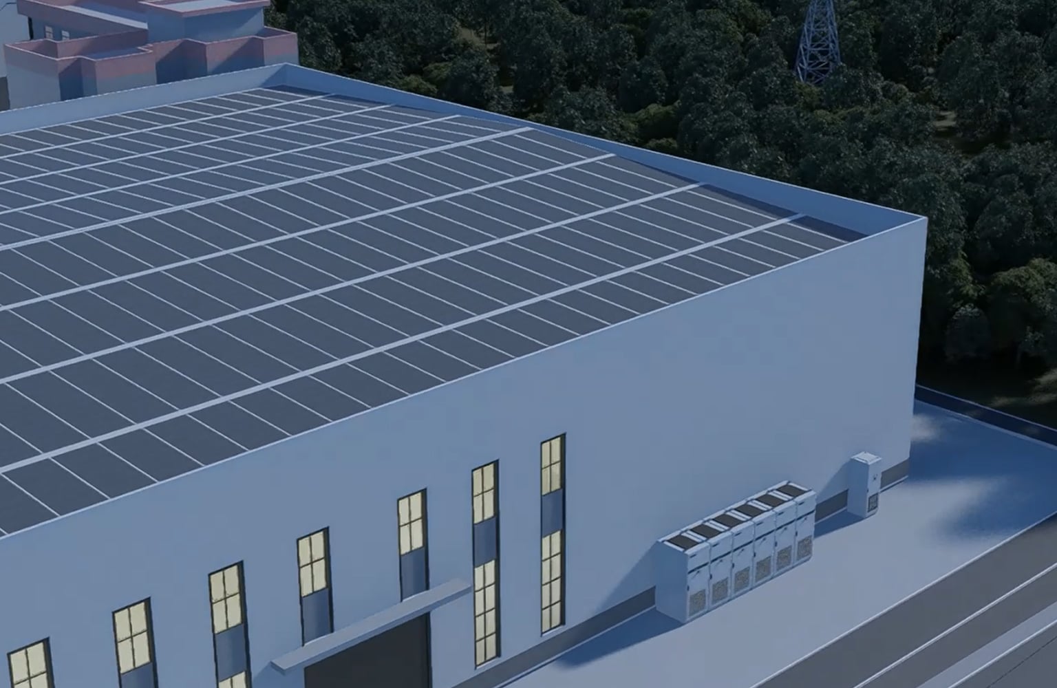 Das Solavita-Energiespeichersystem ist auf dem Dach eines großen Gewerbe- und Industriegebäudes installiert. Das Flachdach ist mit Solarmodulen und Solavita-Energiespeicherschränken in flüssigkeitsgekühlter Ausführung für den gewerblichen und industriellen Einsatz ausgestattet. Die Fassade des Gebäudes wird von hohen Fenstern geprägt. Im Hintergrund sind dicht stehende Bäume und Strommasten zu sehen.