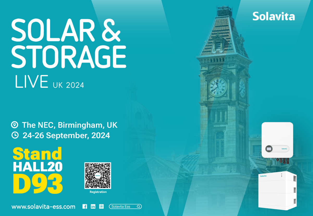 2024 Solar & Storage Live UK expo Werbebanner, das die Zeit, den Ort und die Standnummer der Ausstellung angibt