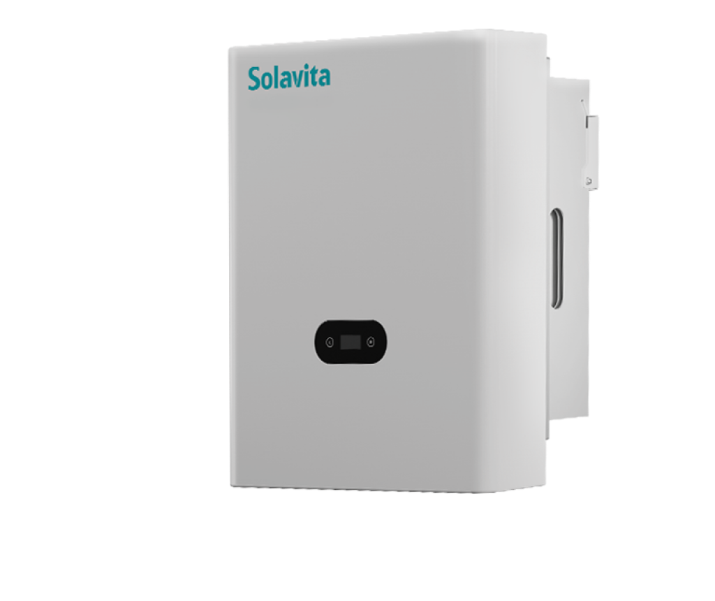 Solavita einphasiger Netzwechselrichter (7-10 kW) mit elegantem, kompaktem Design und Frontdisplay, ideal für private Solarenergielösungen.