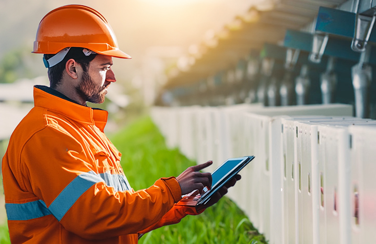 Ingenieur in Schutzausrüstung verwendet ein Tablet zur Überprüfung von Solavita PV- und Hybrid-Wechselrichtern in einem Solaranlagen-Feld.