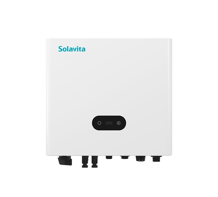 A white Solavita on-grid inverter (4-6kW) with multiple black connectors at the bottom and a small display panel on the front. The Solavita logo appears in blue in the upper left corner, highlighting its streamlined design and efficient functionality.