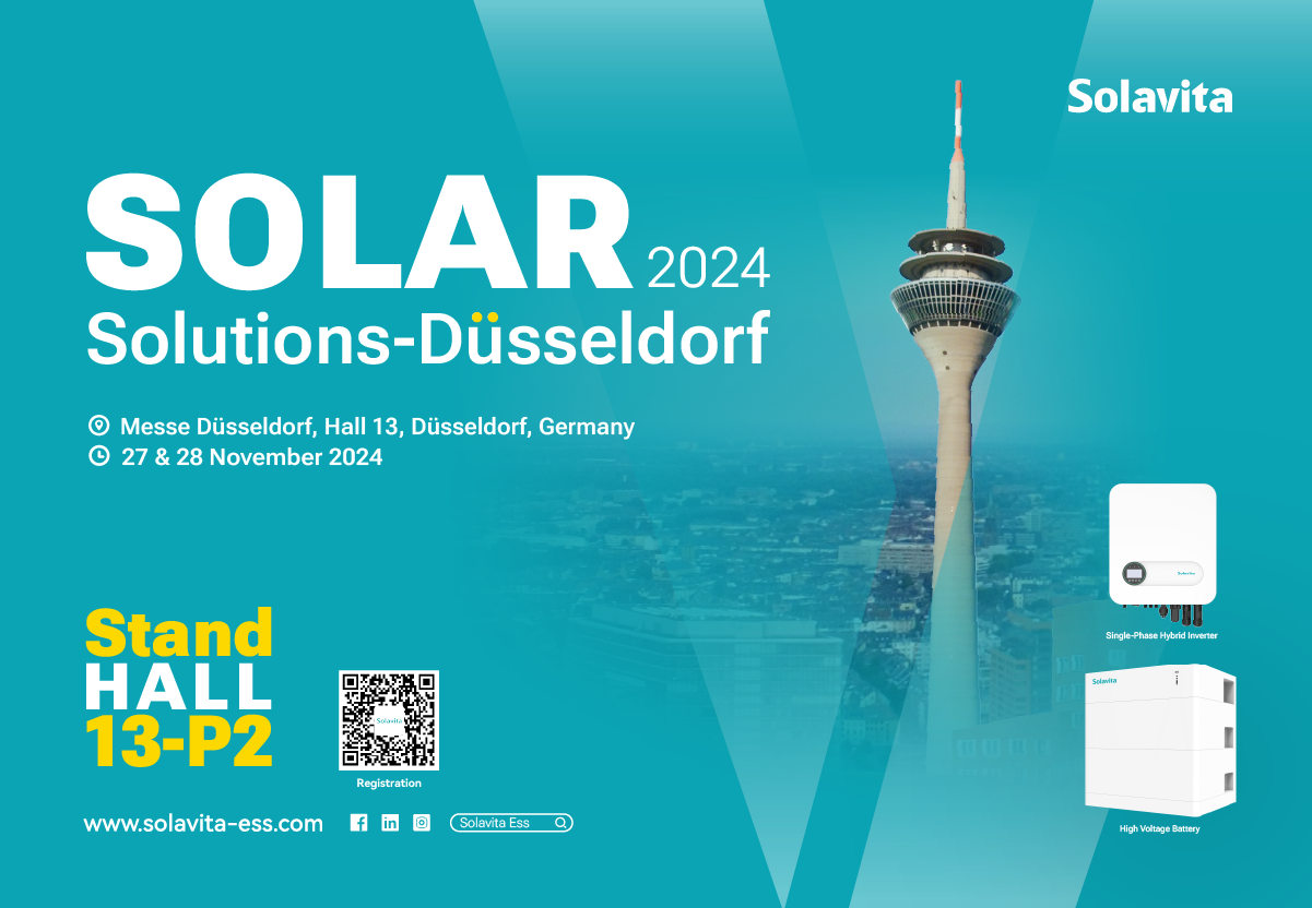 2024 Solar Solutions Düsseldorf expo Werbebanner, das die Zeit, den Ort und die Standnummer der Ausstellung angibt