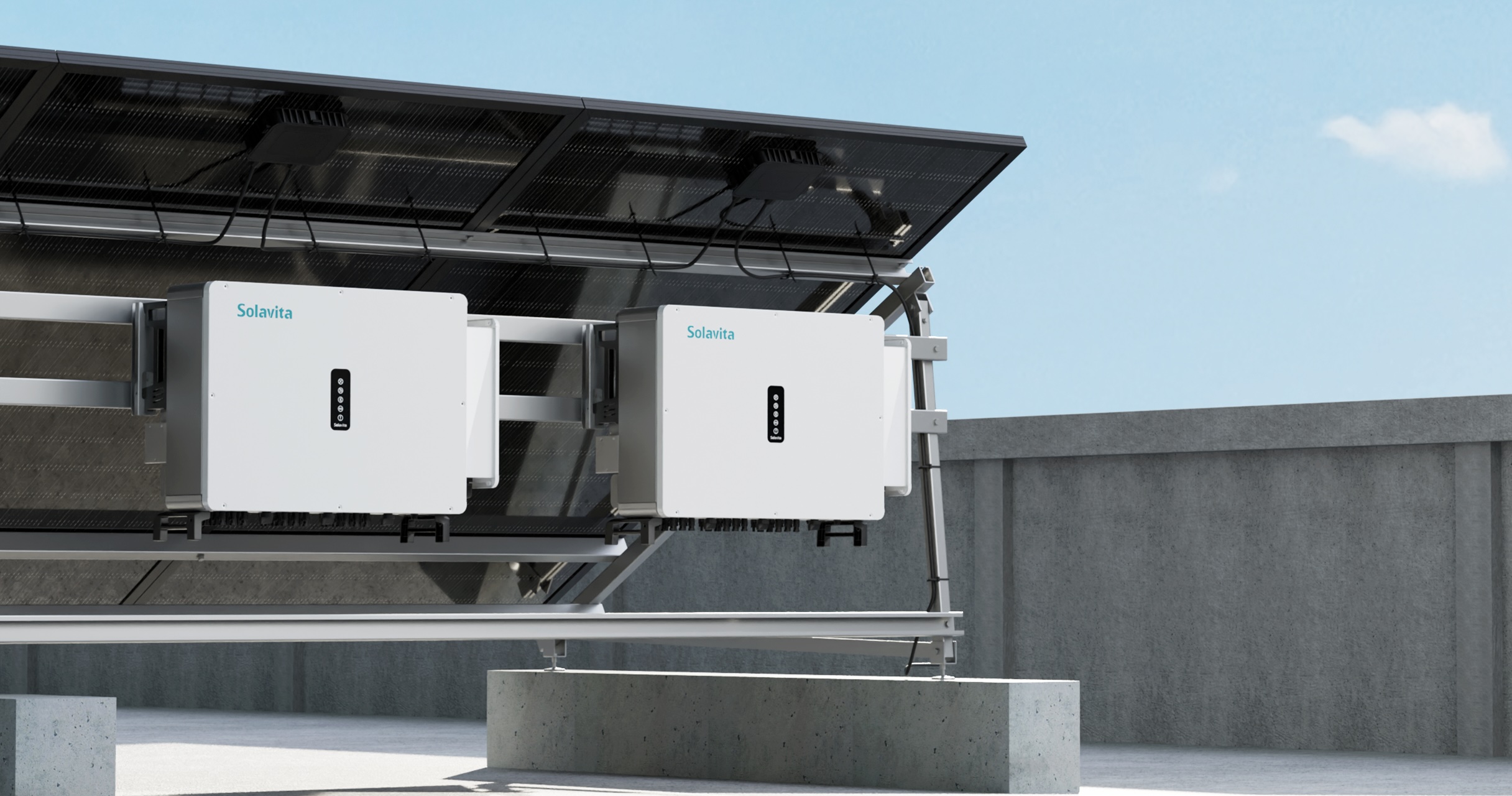 An einer Außenwand installierter Solavita Netzwechselrichter 125 kW neben einer eleganten Energiespeichereinheit, eingebettet in ein modernes Wohnumfeld mit natürlichem Grün, repräsentiert eine komplette Solarenergielösung für nachhaltiges Wohnen